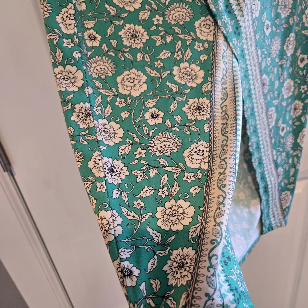Free People It Feels Right Sarong Skirt Green Floral Midi Knot Front Slit Size M - Picture 3 of 8